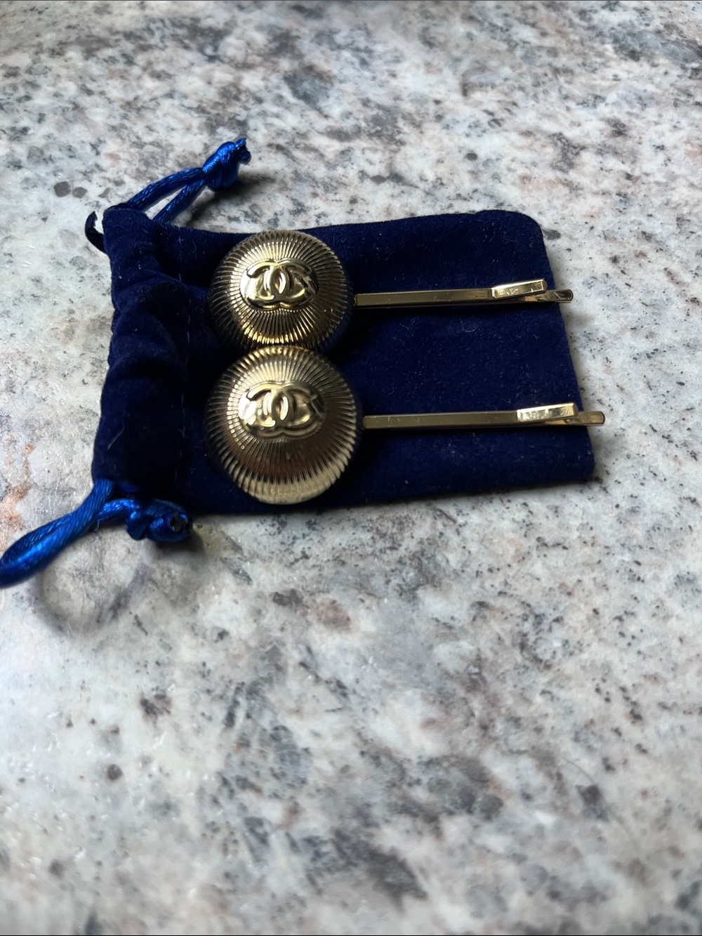 CHANEL Gold CC Button Bobby Pins on Navy Velvet Pouch NOT STAMPED
